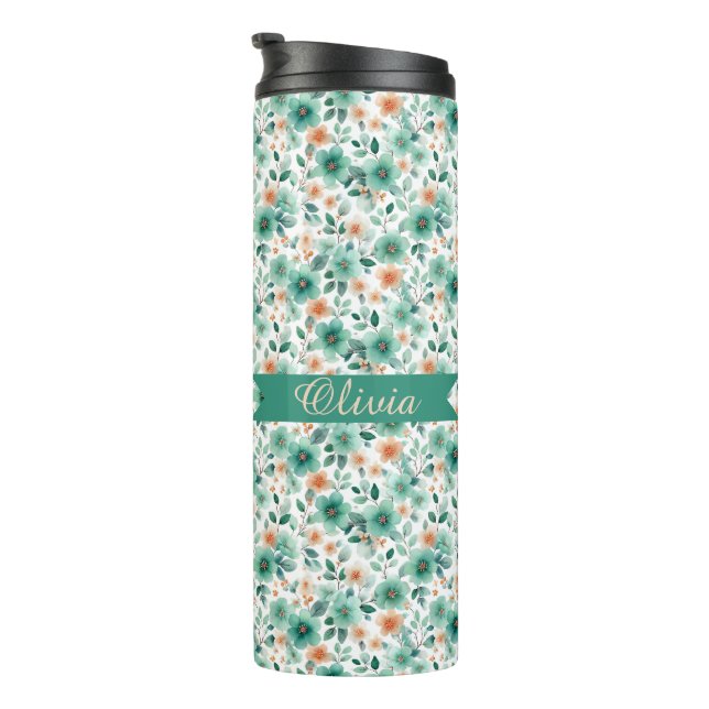 Vintage Spring Green Floral Personalized Thermosbecher (Nach rechts gedreht)