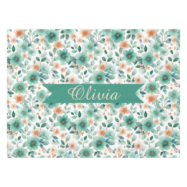 Vintage Spring Green Floral Personalized Tischdecke (Vorderseite (Horizontal))