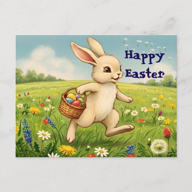 Vintage Spring Meadow Easter Bunny Feiertagspostkarte (Vorderseite)