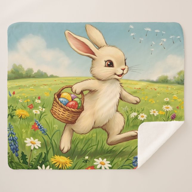 Vintage Spring Meadow Easter Bunny  Sherpadecke (Vorderseite (Horizontal))