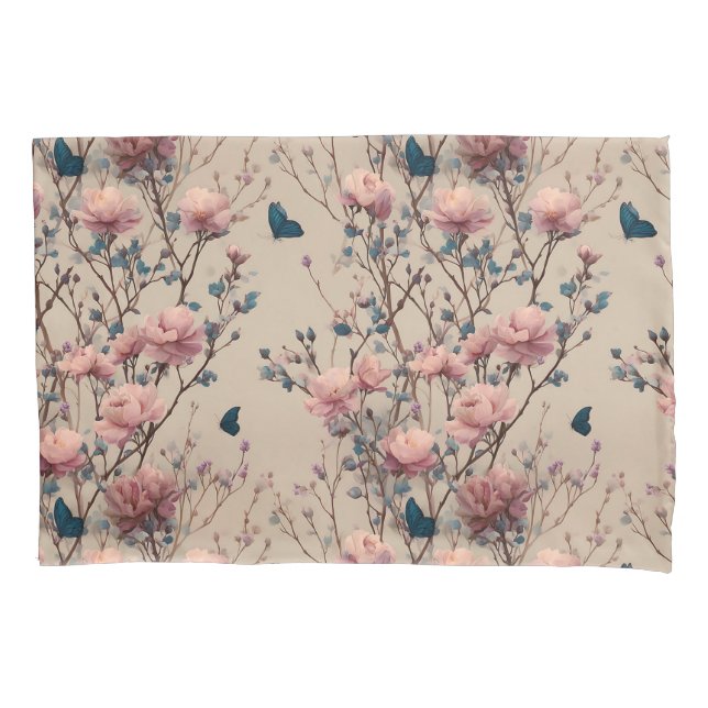 Vintage Spring Roses with Blue Butterflies Kissenbezug (Vorderseite)