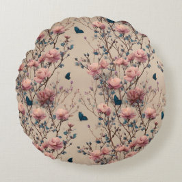Vintage Spring Roses with Blue Butterflies Rundes Kissen