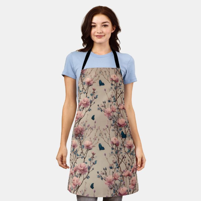 Vintage Spring Roses with Blue Butterflies Schürze (Getragen)