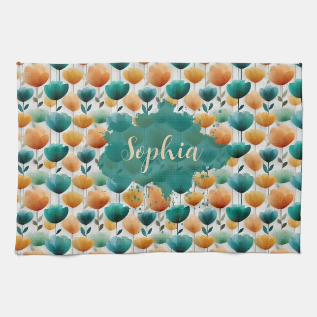 Vintage Spring Yellow and Green Floral Geschirrtuch (Horizontal)