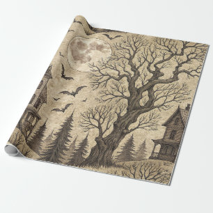 Vintage Spukhaus & Vollmond Geschenkpapier