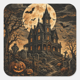 Vintage-spukiges Halloween Spukhaus & Kürbis Quadratischer Aufkleber