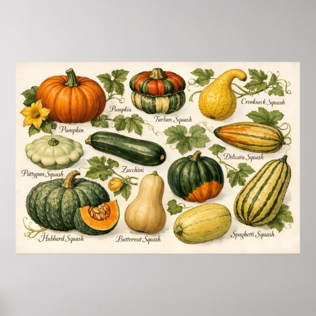 Vintage Squash Varieties Botanical Illustration  Poster (Vorne)