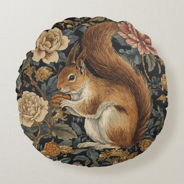 Vintage Squirrel and Flowers Pattern Rundes Kissen (Vorderseite)