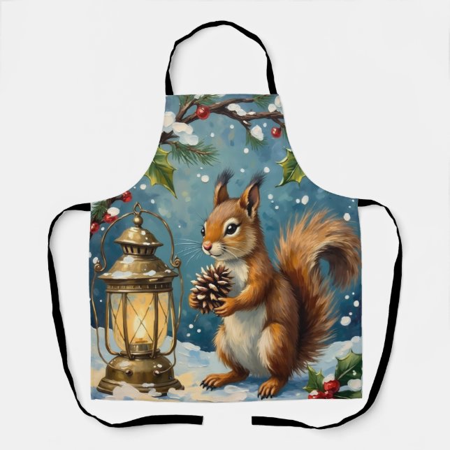 Vintage Squirrel with Christmas Lantern Winter Schürze (Vorderseite)