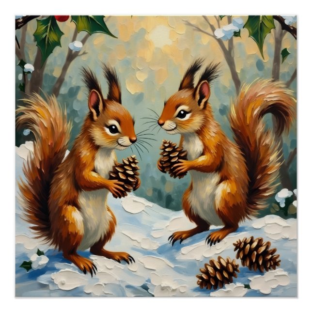 Vintage Squirrels Gathering Pinecones Christmas Poster (Vorderseite)