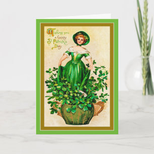 Vintage St Patrick's Day Girl Green Dress Clovers Karte