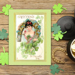 Vintage St. Patrick's Day Lassie with Horseshoe Postkarte<br><div class="desc">Lovely vintage St. Patrick's Day greeting card illustration featuring lovely dark-haired Irish lassie surrounded by a good luck horseshoe,  shamrocks and St. Patrick's Day Greetings in gold Celtic script.</div>