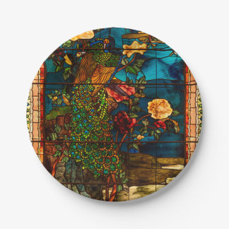 Vintage Stained Glass with Peacocks and Flowers Pappteller