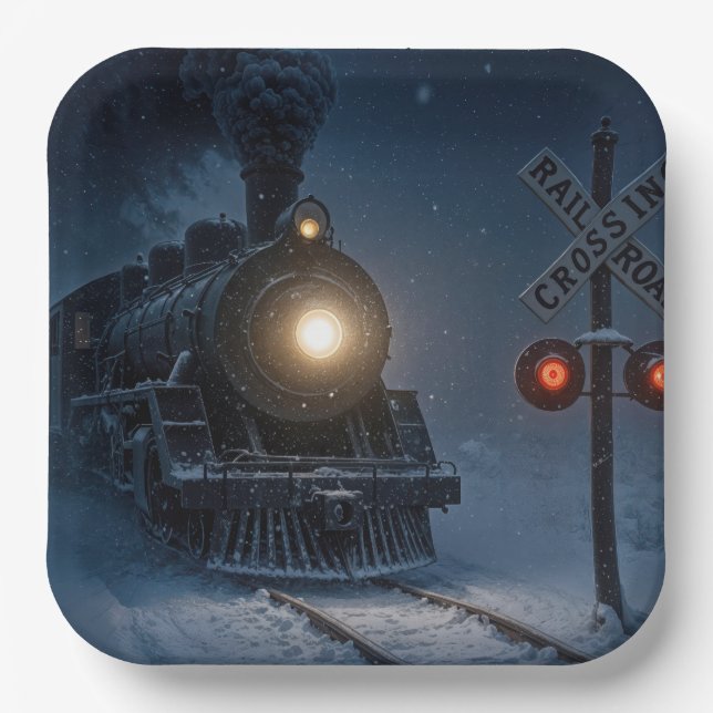 Vintage Steam Engine Locomotive In Winter Pappteller (Vorderseite)