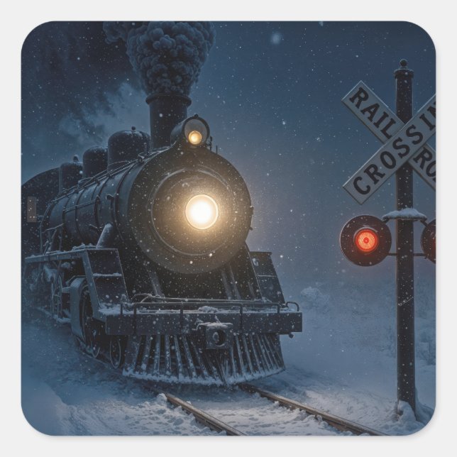 Vintage Steam Engine Locomotive In Winter Quadratischer Aufkleber (Vorderseite)