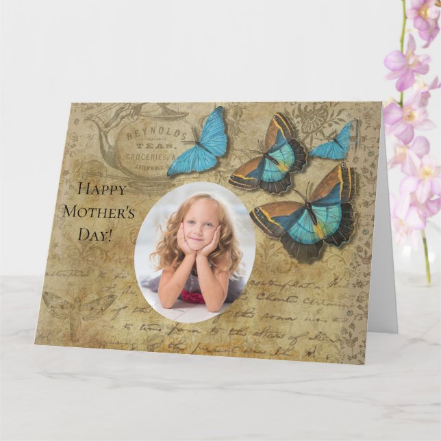 Vintage Steampunk Blue Butterfells auf Parchment Karte (Orchidee)