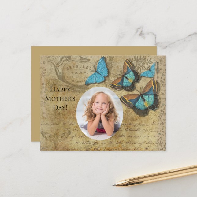Vintage Steampunk Blue Butterfells auf Parchment Postkarte (Vorderseite/Rückseite Beispiel)