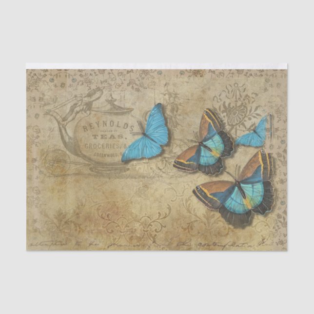 Vintage Steampunk Blue Butterfells auf Parchment Seidenpapier (Vorderseite)