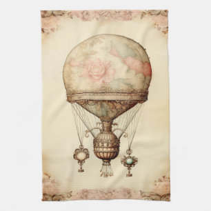 Vintage-Steampunk-Blumen-Heißluftballon Geschirrtuch