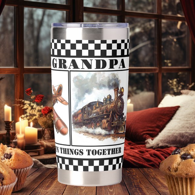 Vintage Steampunk-Grandpa-Rente Thermobecher (Thermal tumbler with steampunk images of a train, plane and car - retirement - birthday - Christmas)