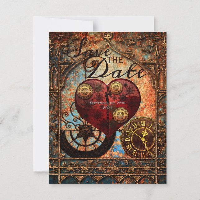 Vintage Steampunk Hearts Gears Wedding Save Date Einladung (Vorderseite)