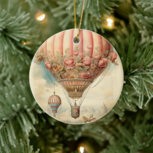 Vintage-Steampunk-Rosa-Blumen-Heißluftballon Keramik Ornament