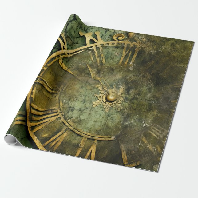 Vintage-Steampunk-Uhrwerk-Smaragd Geschenkpapier (Ungerollt)