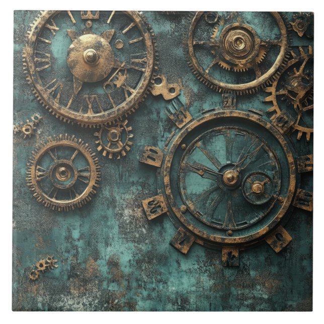 Vintage Steampunk Zahnräder & Uhrwerk Fliese (Vorderseite)