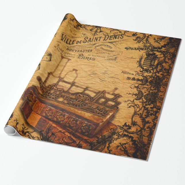 Vintage Steampunk Zug-Tapete Geschenkpapier (Ungerollt)
