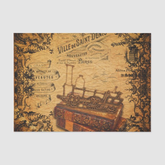 Vintage Steampunk Zug-Tapete Seidenpapier (Vorderseite)