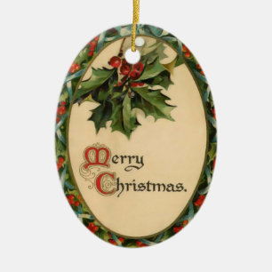 Vintage Stechpalmen-Weihnachtsverzierung Keramikornament