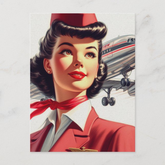 Vintage Stewardess-Illustration Postkarte (Vorderseite)