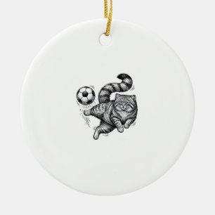 Vintage-Stich-Katze-Fußball-Tritt-Shirt-Design (4) Keramik Ornament