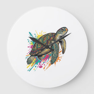 Vintage-Stich-Schildkröte-Farb-Splash-Shirt_1 Große Wanduhr