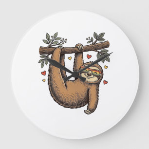 Vintage-Stich-Sloth-Herz-Regenbogen-Shirt-Design Große Wanduhr