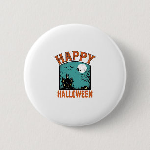 Vintage-Stichzeichnung Frohes Halloween Spukhaus D Button