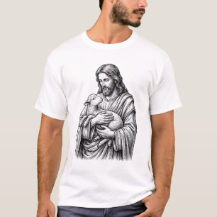 Vintage-Stichzeichnung Hirte hält Lamm Vektor Des T-Shirt