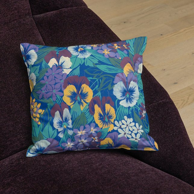 Vintage-Stiefmütterchen-Blumenmuster | Blaues Cott Kissen (Von Creator hochgeladen)