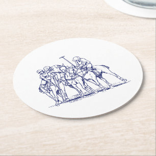 Vintage stilisierte Polo-Match Zeichne #1 Blau Runder Pappuntersetzer