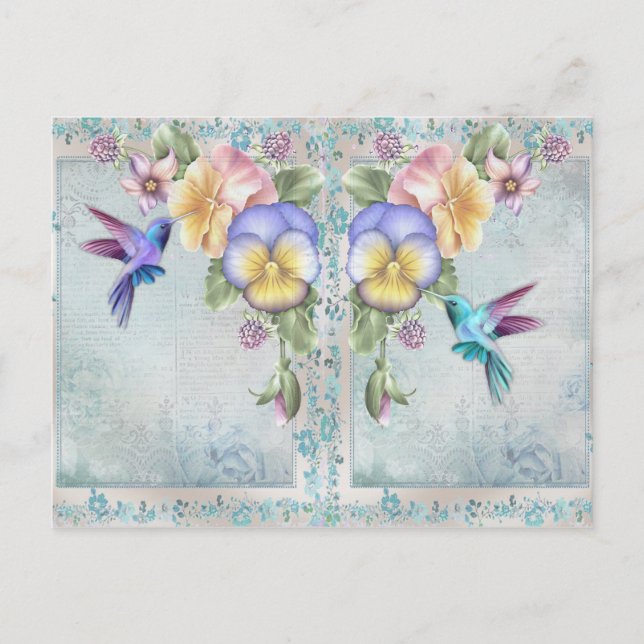 Vintage Stilvögel und violette Blumen Postkarte (Vorderseite)