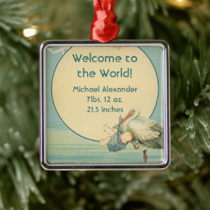 Vintage-Storch-Babyjunge-Decke, Willkommen in der  Silbernes Ornament