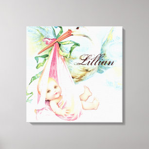 Vintage-Storch Rosa Kinderzimmer-Wandbehang Leinwanddruck