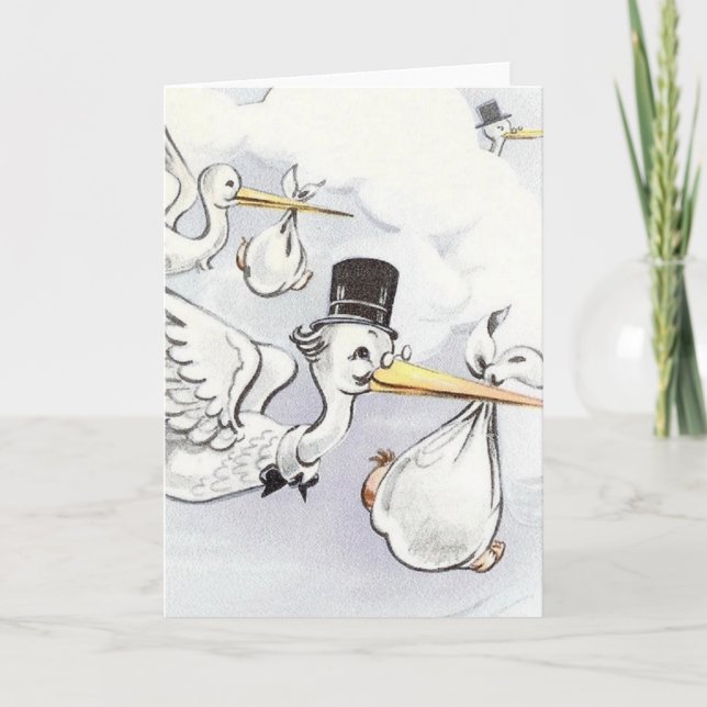 Vintage Stork Baby-Lieferkarte Karte (Vorderseite)