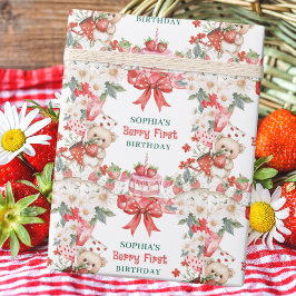 Vintage Strawberry Berry First Birthday  Geschenkpapier