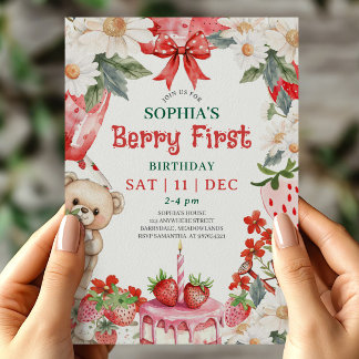 Vintage strawberry Berry First Birthday Invitation Einladung