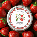 Vintage Strawberry Homemade Mason Jar Runder Aufkleber<br><div class="desc">Personalisierte,  handgemalte Aquarellfarbe Strawberry Marmelade mit rot-weißem Gingham Rahmen. Verwenden Sie für Ihre hausgemachten Marmeladen oder alles,  was Sie wählen. Macht ein großartiges Geschenk. Füllen Sie Ihre Informationen auf Etikett aus und genießen Sie.</div>