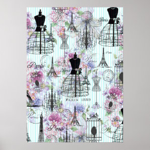 Vintage Streifen Eiffelturm Collage rosa floral Poster