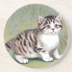 Vintage-Streifen-Kätzchen-Illustration Getränkeuntersetzer