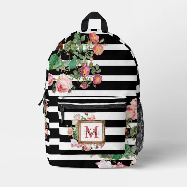 Vintage Streifen und Floral Monogramm Bedruckter Rucksack (Vorderseite)