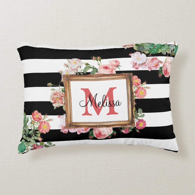 Vintage Streifen und Floral Monogramm Dekokissen (Vorderseite)